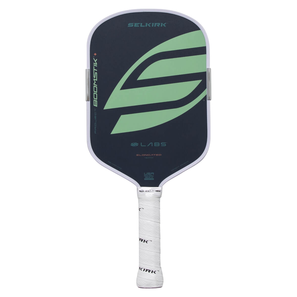 Front view of an elongated dark blue pickleball paddle with a large light green S graphic, SELKIRK branding, and white grip.