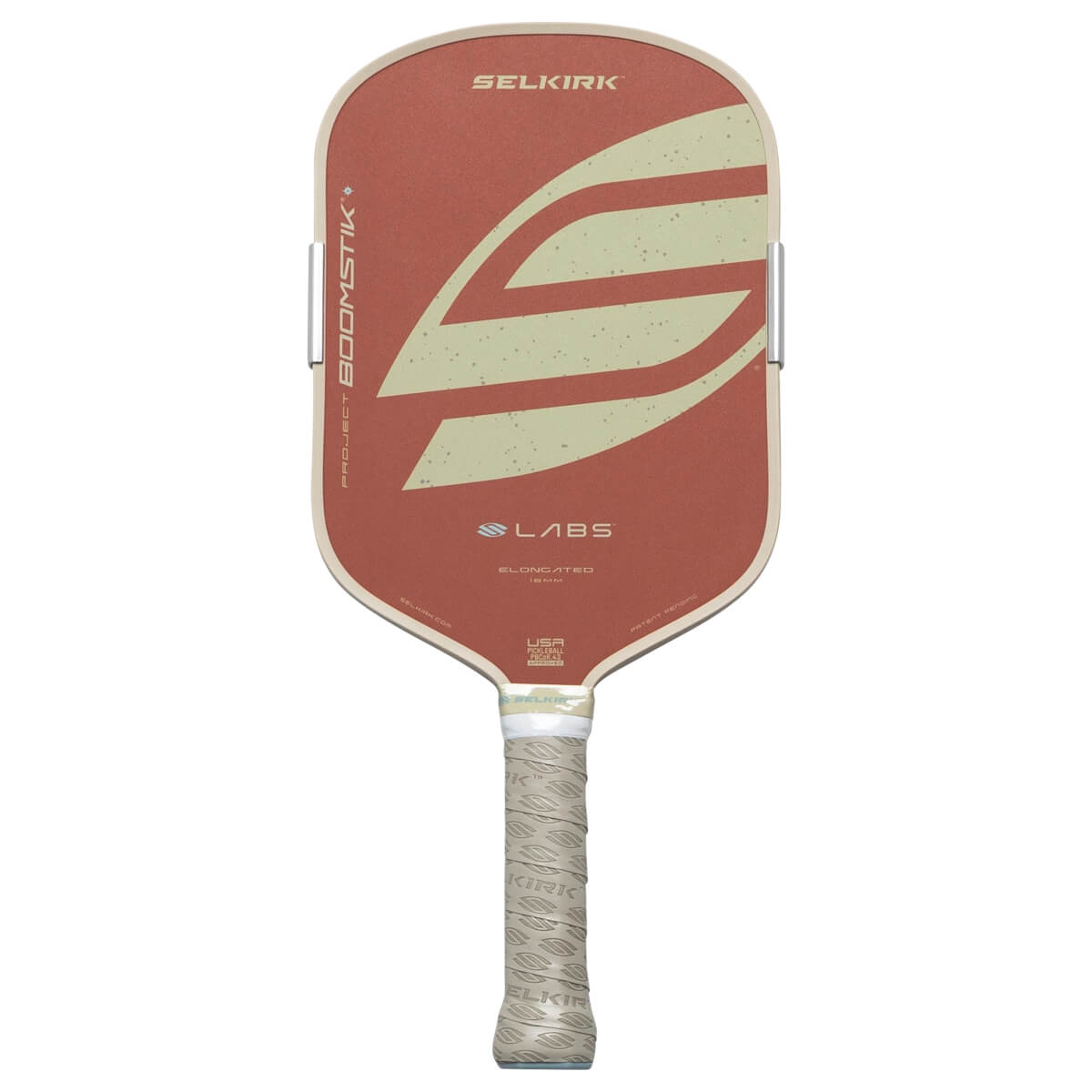 Front view of a red pickleball paddle with a beige border, featuring a large S-shaped design and "SELKIRK" logo.