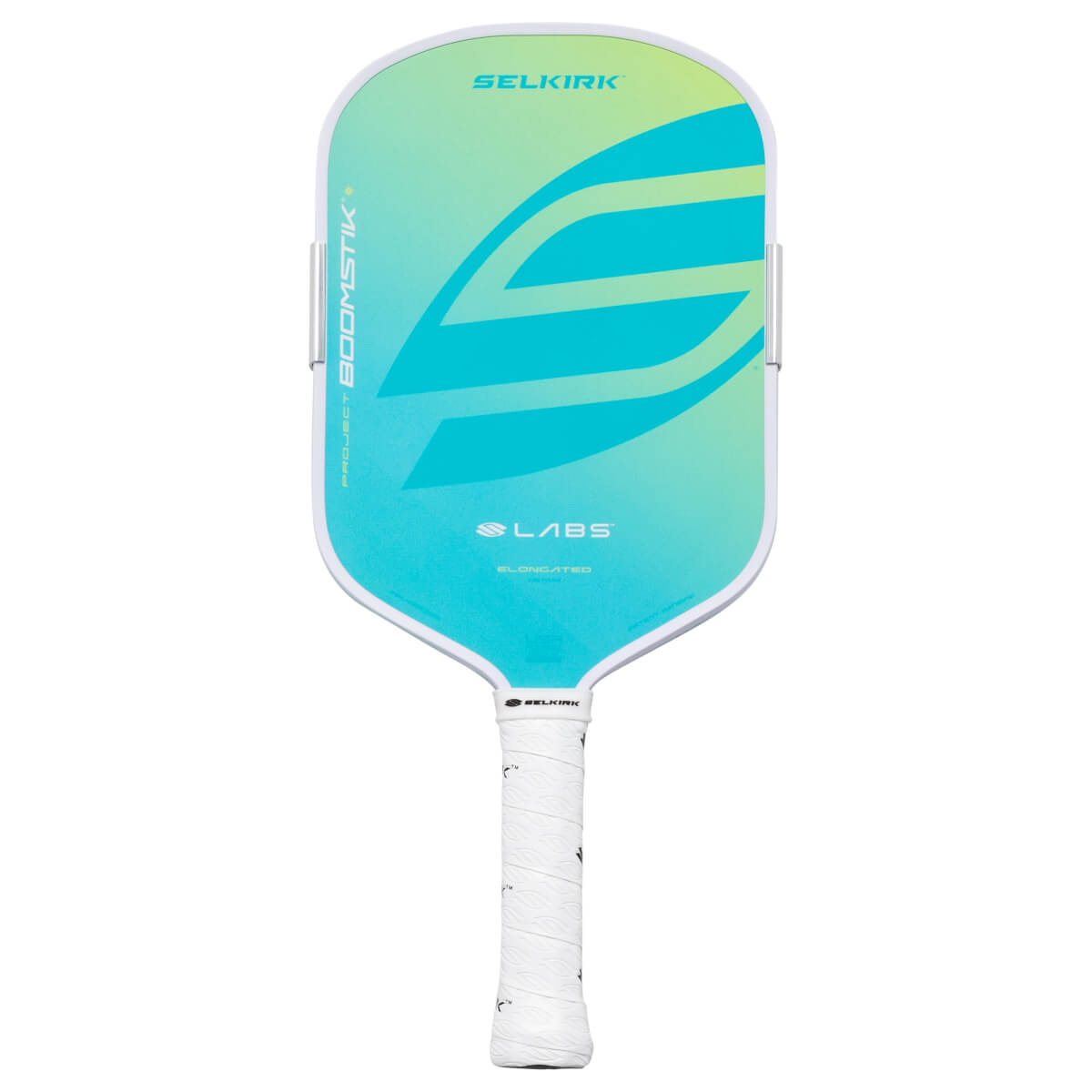Front view of a pickleball paddle with a green-to-blue gradient, featuring "SELKIRK" and "PROJECT BOOMSTIK" text.