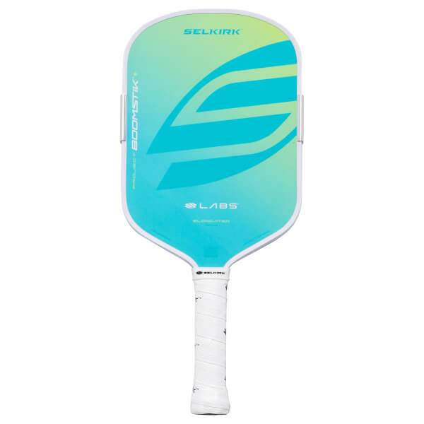 Front view of a pickleball paddle with a green-to-blue gradient, featuring "SELKIRK" and "PROJECT BOOMSTIK" text.
