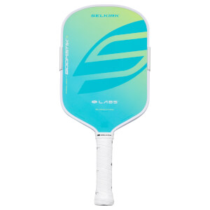Front view of a pickleball paddle with a green-to-blue gradient, featuring "SELKIRK" and "PROJECT BOOMSTIK" text.