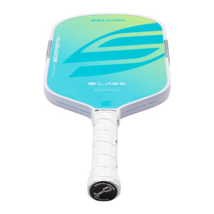 Top-down view of a Selkirk pickleball paddle with a white grip, blue and green gradient face, and "PROJECT BOOMSTIK" text.