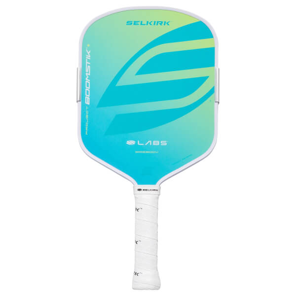 Front view of a white pickleball paddle with a blue-to-green gradient and "SELKIRK" logo.