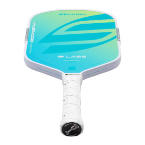 Top-down view of a pickleball paddle with a white grip, showing the "SELKIRK" logo and "PROJECT BOOMSTIK" text.