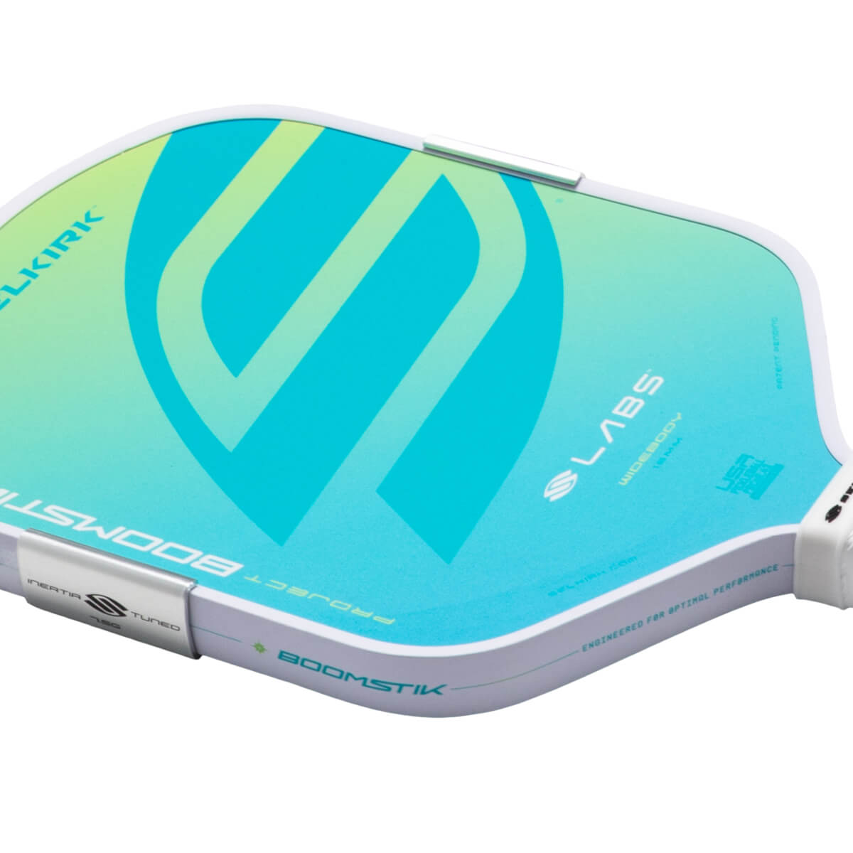 Corner view of a pickleball paddle with a blue and green gradient, showing "SLABS" and "BOOMSTIK" text.