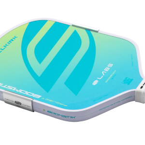 Corner view of a pickleball paddle with a blue and green gradient, showing "SLABS" and "BOOMSTIK" text.