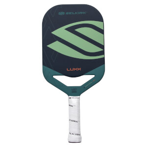 Front view of a dark blue Selkirk pickleball paddle with a light green design, orange LUXX text, and a white grip.