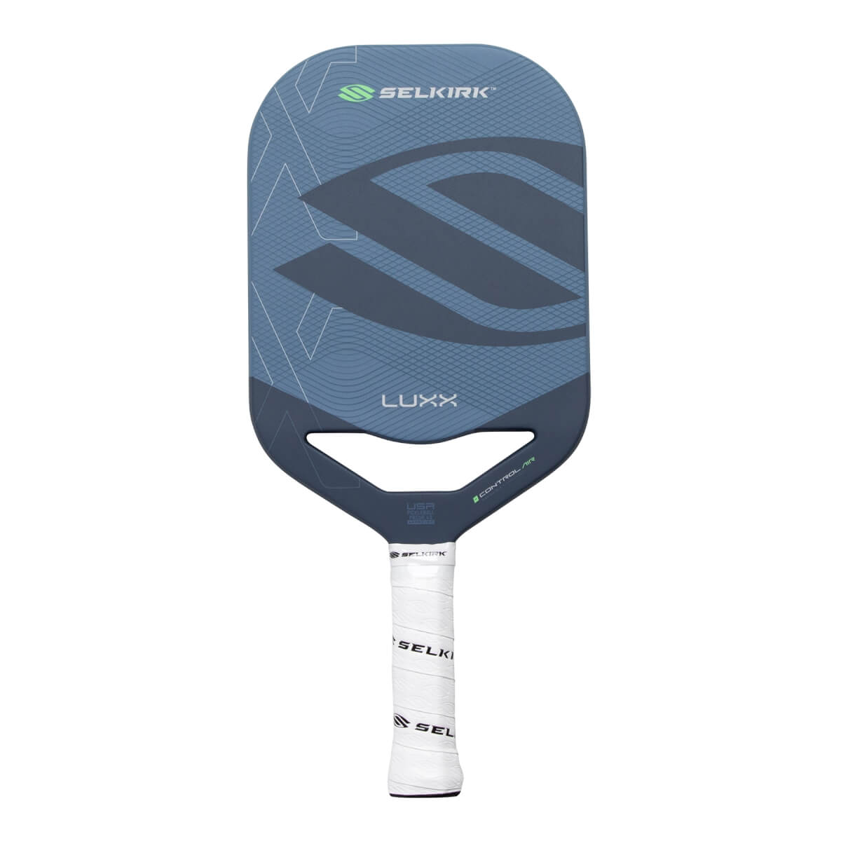 Front view of a blue/grey pickleball paddle with geometric patterns, Selkirk and Luxx branding, and a white grip.