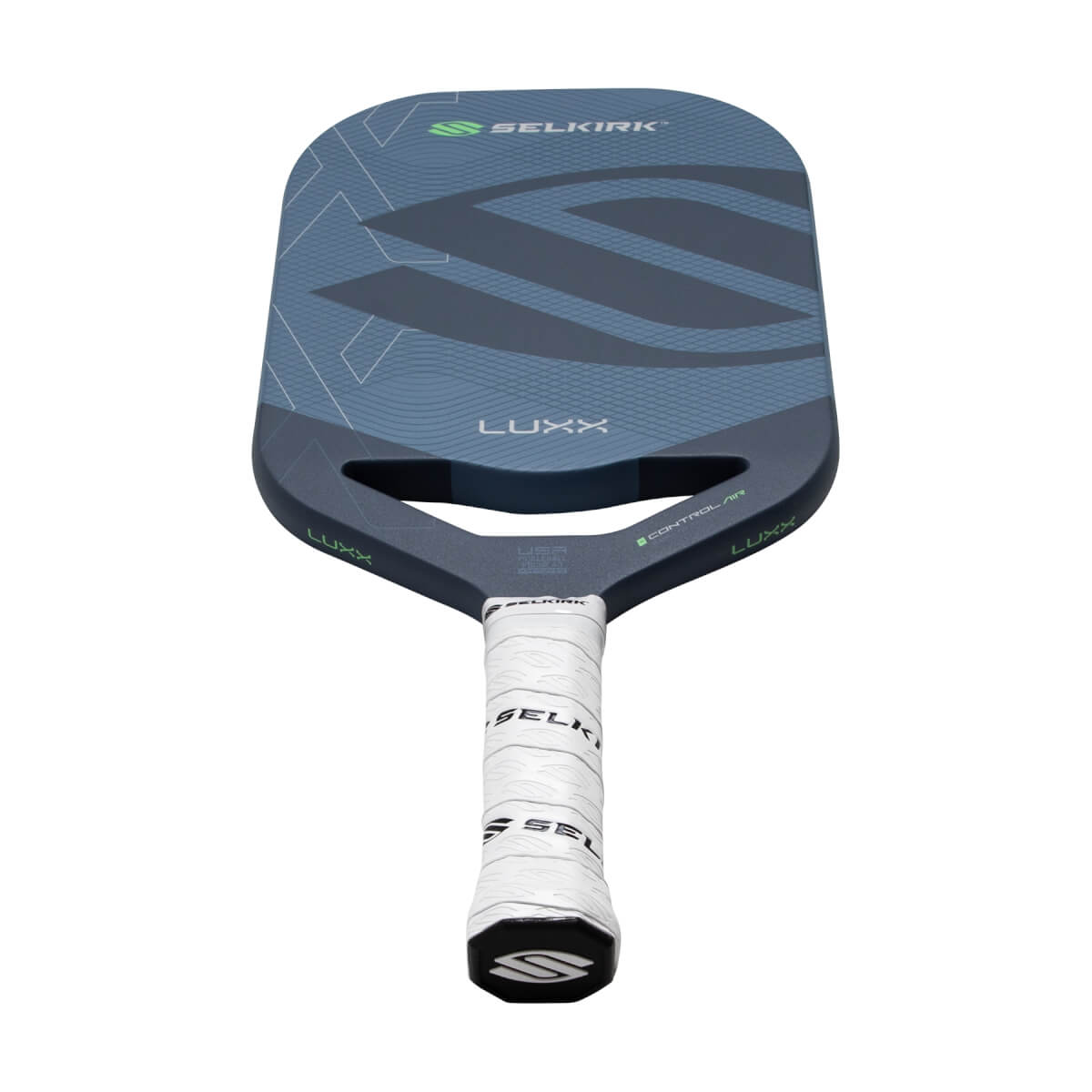 Front view of a blue Selkirk Luxx pickleball paddle with geometric patterns, a green Selkirk logo, and white branded grip.