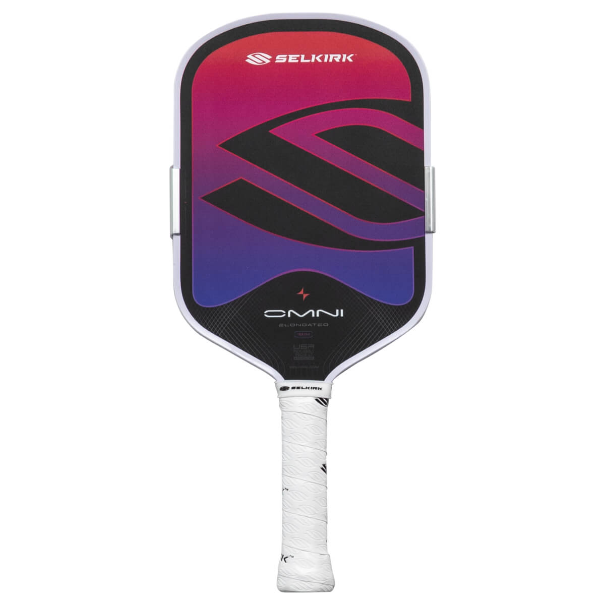 Front view of a Selkirk OMNI pickleball paddle with a pink-to-purple gradient and black graphic design.