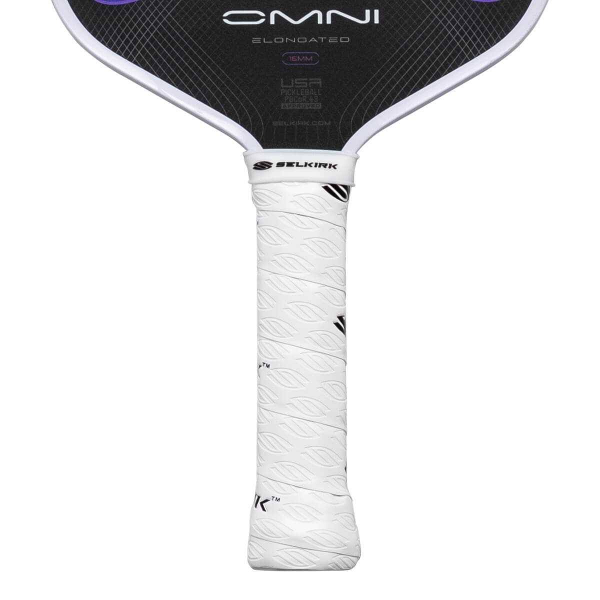 Close-up of a pickleball paddle grip showing the white textured grip and the "SELKIRK" logo.