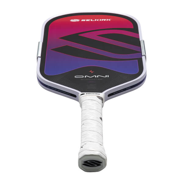 Top-down view of a Selkirk OMNI pickleball paddle with a gradient of pink to purple on the face and a white grip.