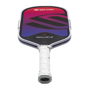 Top-down view of a Selkirk OMNI pickleball paddle with a gradient of pink to purple on the face and a white grip.