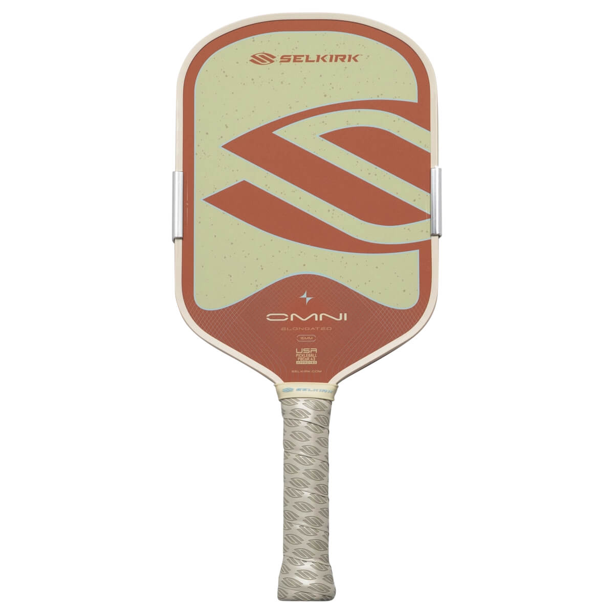 Front view of a Selkirk OMNI pickleball paddle with a tan and rust design, featuring the Selkirk logo and "OMNI" text.