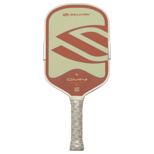 Front view of a Selkirk OMNI pickleball paddle with a tan and rust design, featuring the Selkirk logo and "OMNI" text.