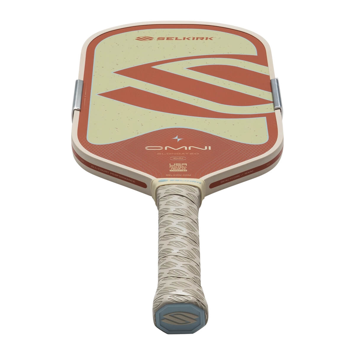 Top-down view of a Selkirk OMNI pickleball paddle with a beige and red design, featuring the Selkirk logo.