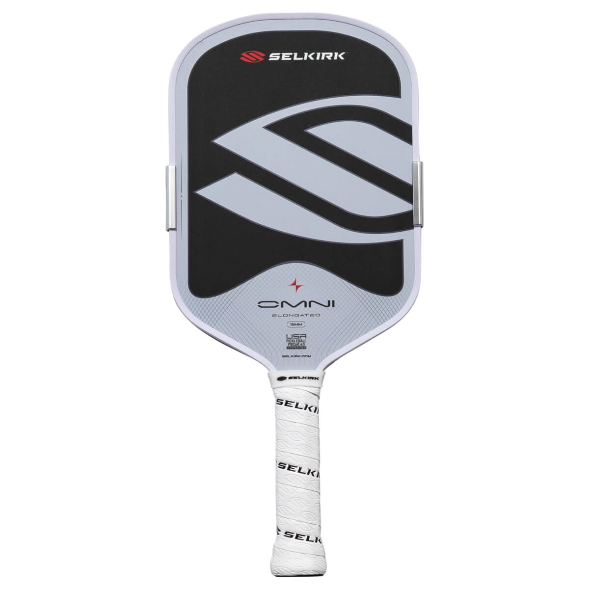 Front view of a Selkirk OMNI Elongated pickleball paddle with a white grip and black and gray face design.