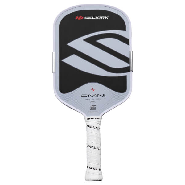Front view of a Selkirk OMNI Elongated pickleball paddle with a white grip and black and gray face design.
