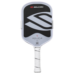 Front view of a Selkirk OMNI Elongated pickleball paddle with a white grip and black and gray face design.