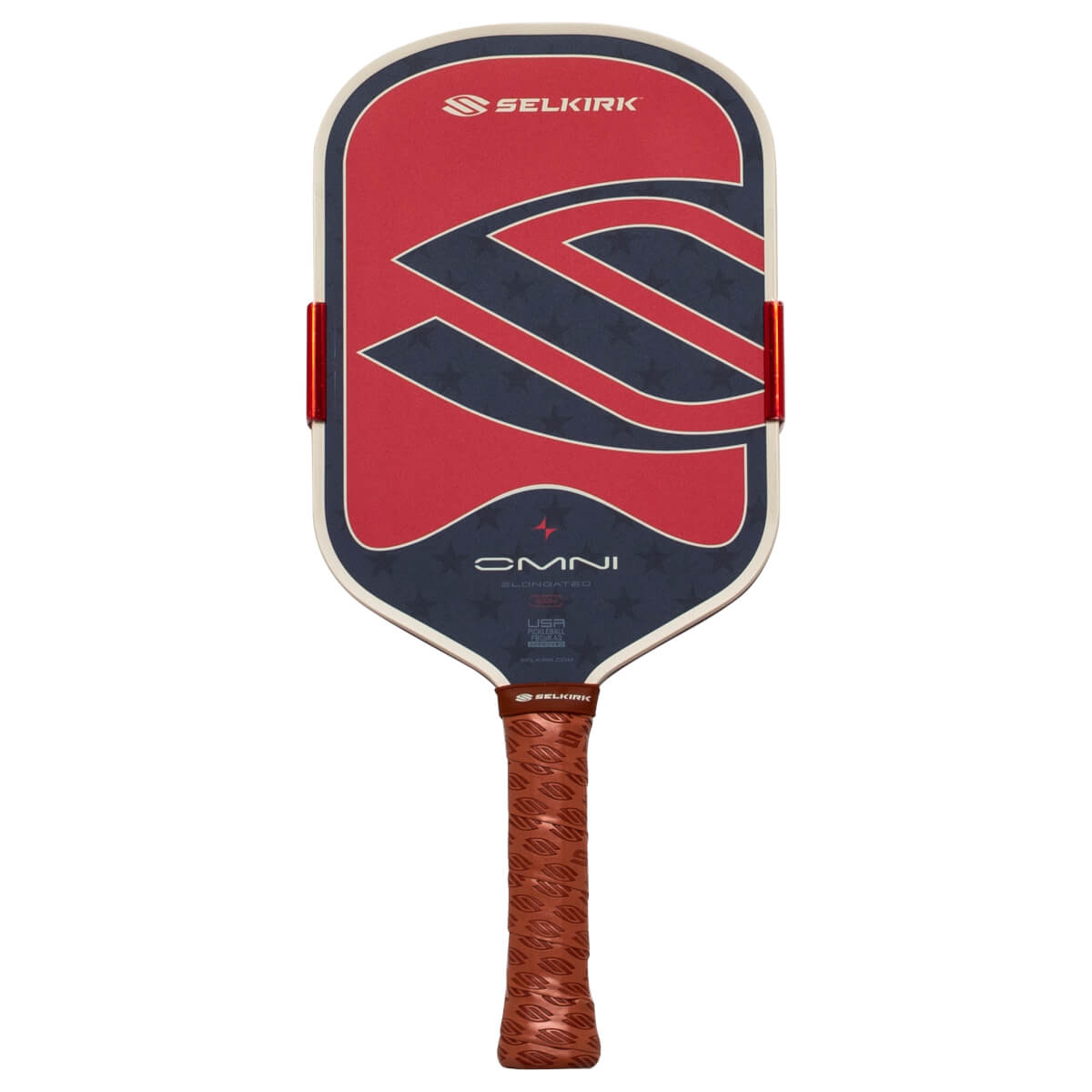 Front view of a Selkirk OMNI pickleball paddle with red, white, and blue design and a brown textured grip.