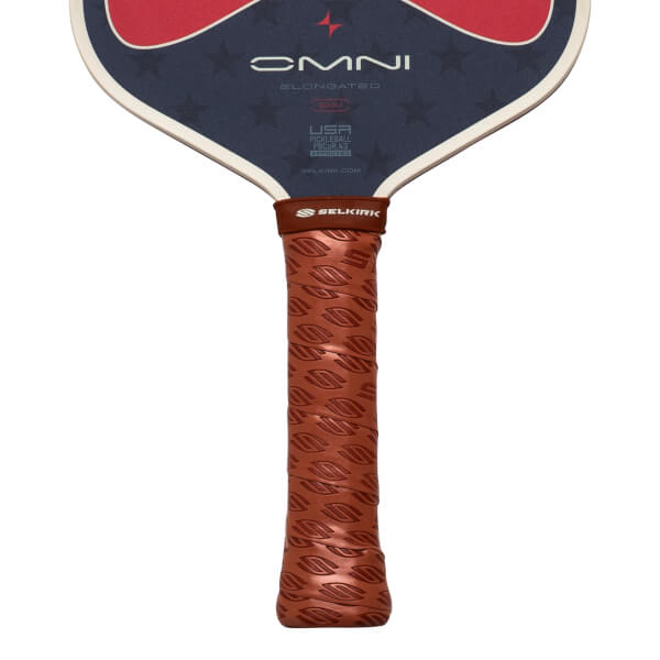 Close-up of the handle showing the brown textured grip with embossed "S" logos and the Selkirk brand name.