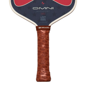 Close-up of the handle showing the brown textured grip with embossed "S" logos and the Selkirk brand name.
