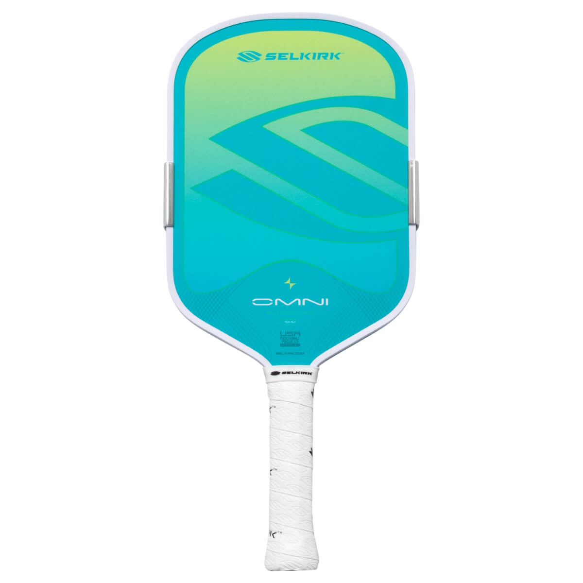 Front view of a Selkirk OMNI pickleball paddle with a teal and green gradient, featuring the Selkirk logo and "OMNI" text.