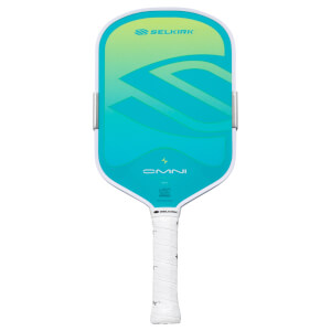 Front view of a Selkirk OMNI pickleball paddle with a teal and green gradient, featuring the Selkirk logo and "OMNI" text.