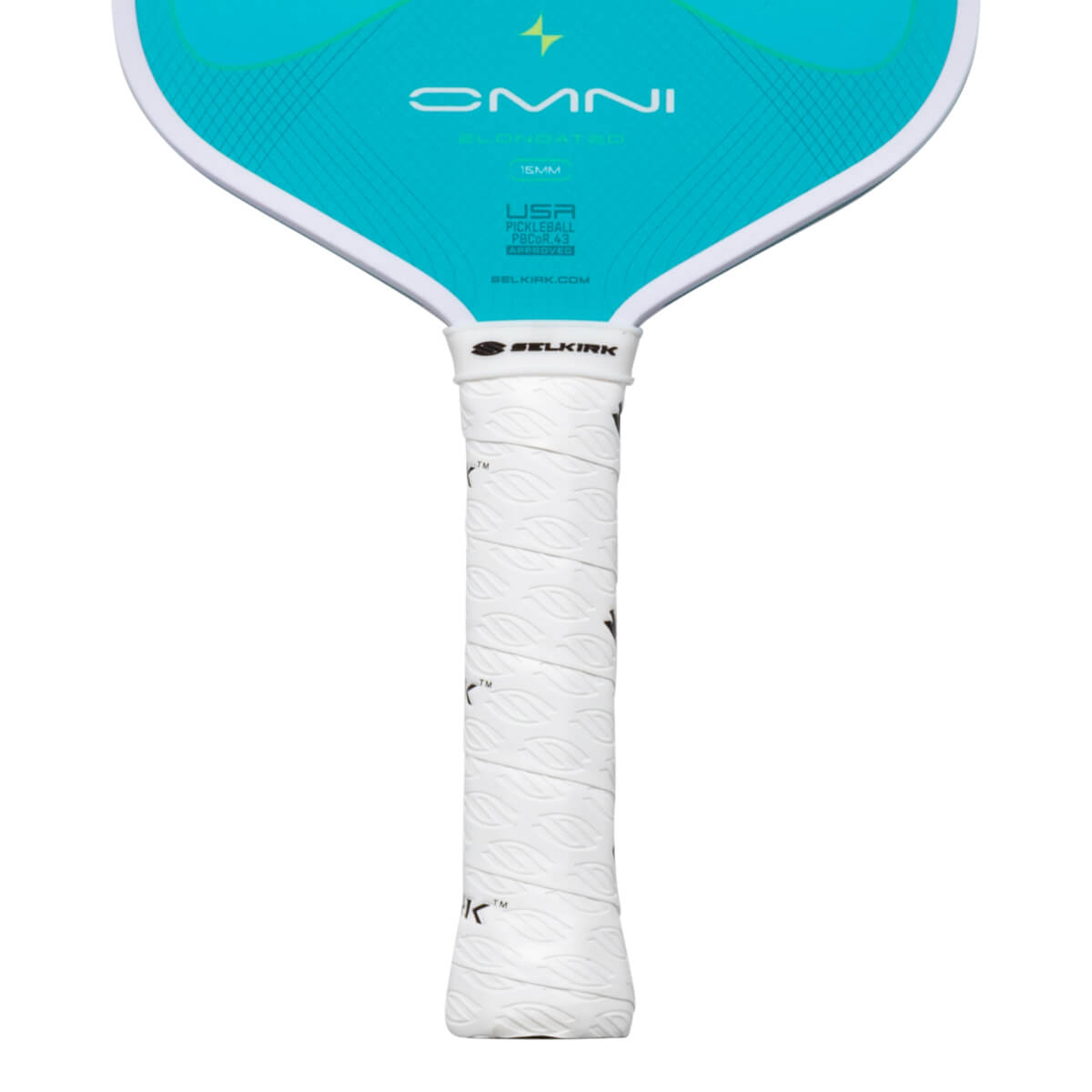 Close-up of a pickleball paddle showing the "OMNI" logo, "15MM" thickness, and the white textured grip with the "SELKIRK" logo.