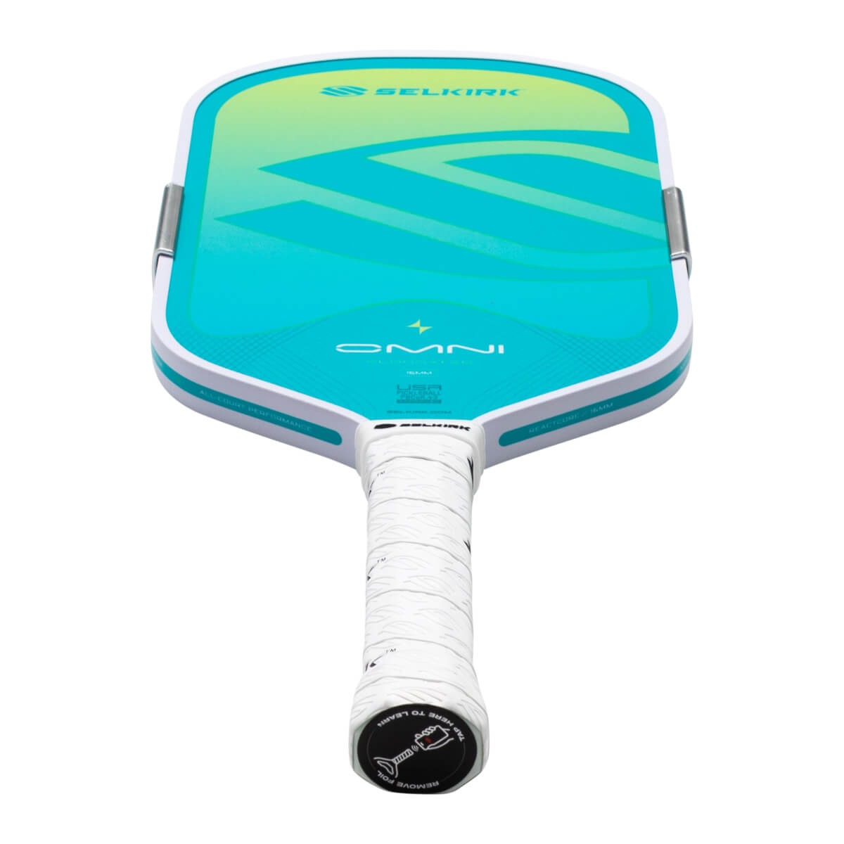 Top-down view of a Selkirk Omni pickleball paddle with a white grip and teal and yellow gradient face.