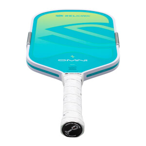 Top-down view of a Selkirk Omni pickleball paddle with a white grip and teal and yellow gradient face.