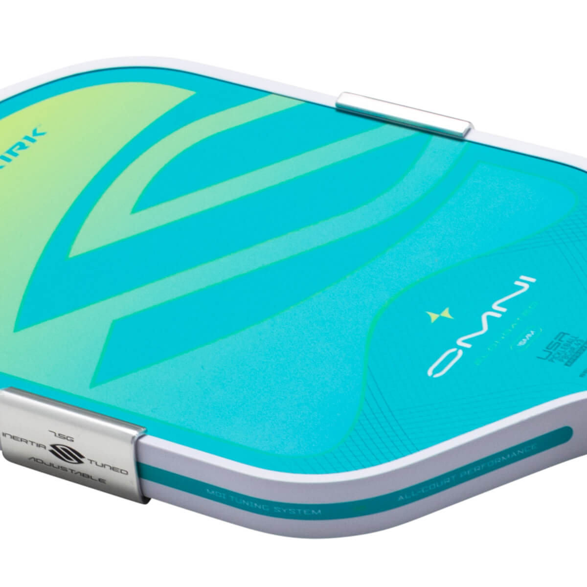Corner view of a pickleball paddle with "OMNI" and "USA PICKLEBALL" visible, featuring a teal and green gradient design.