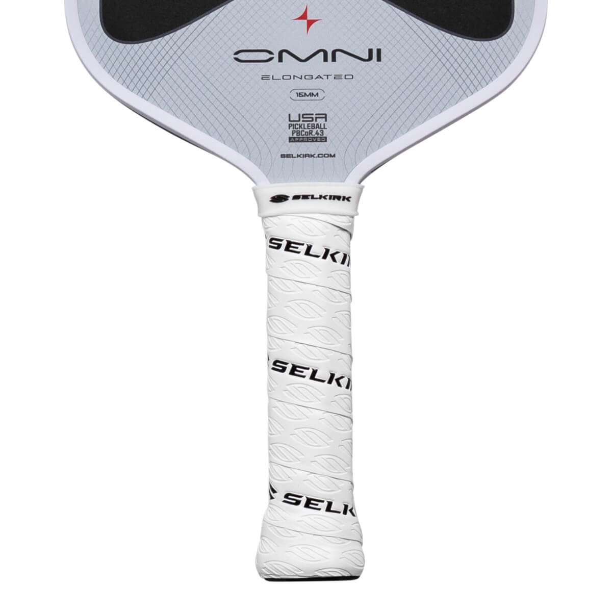 Close-up of the handle showing the white Selkirk grip with embossed leaf pattern and the Selkirk logo.