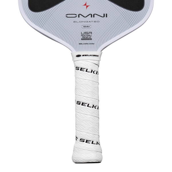 Close-up of the handle showing the white Selkirk grip with embossed leaf pattern and the Selkirk logo.