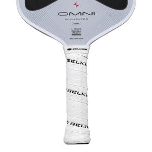 Close-up of the handle showing the white Selkirk grip with embossed leaf pattern and the Selkirk logo.
