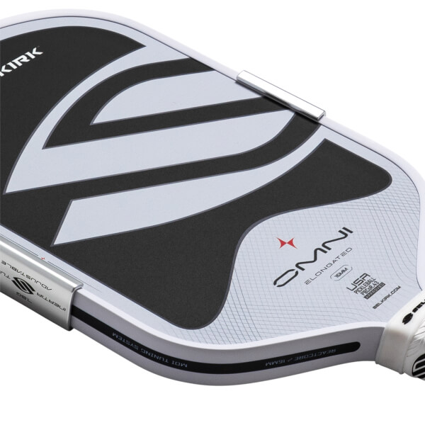 Side view of a pickleball paddle showing the "KIRK" logo, "OMNI ELONGATED" text, and "USA PICKLEBALL APPROVED" stamp.