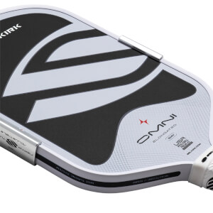 Side view of a pickleball paddle showing the "KIRK" logo, "OMNI ELONGATED" text, and "USA PICKLEBALL APPROVED" stamp.