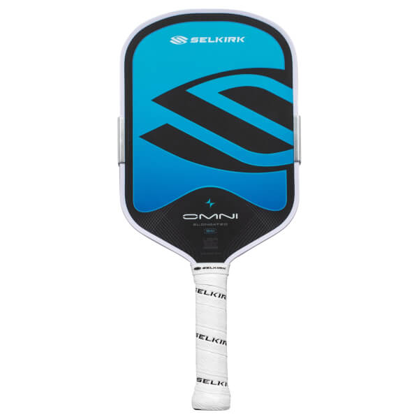 Front view of a Selkirk OMNI Elongated pickleball paddle with a blue and black design, showing the Selkirk logo and "OMNI" text.