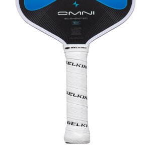 Top-down view of a pickleball paddle showing the "OMNI ELONGATED" text, a blue graphic, and a white textured grip with "SELKIRK" branding.