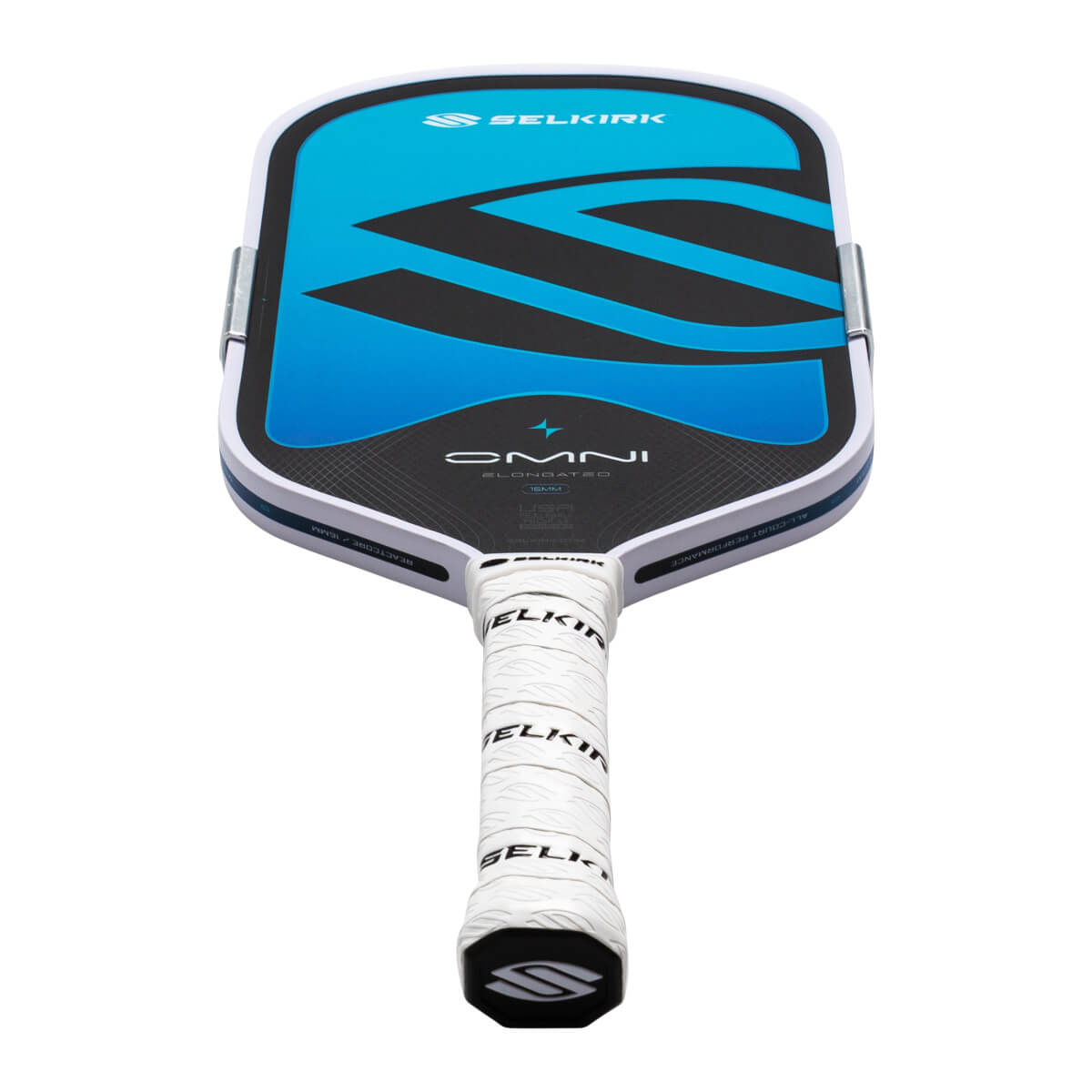 Top-down view of a Selkirk OMNI pickleball paddle with a blue and black design and white grip.
