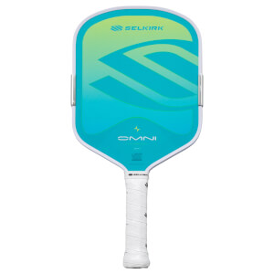 Front view of a Selkirk Omni pickleball paddle with a gradient blue and green design, showing the "OMNI" text and "USA PICKLEBALL APPROVED" certification.