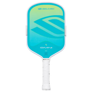 Front view of a Selkirk OMNI pickleball paddle with a gradient blue and green face and white grip.