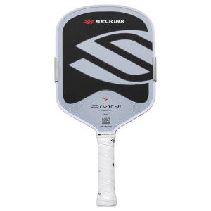 Front view of a Selkirk OMNI Widebody pickleball paddle with a white grip and black and gray design.