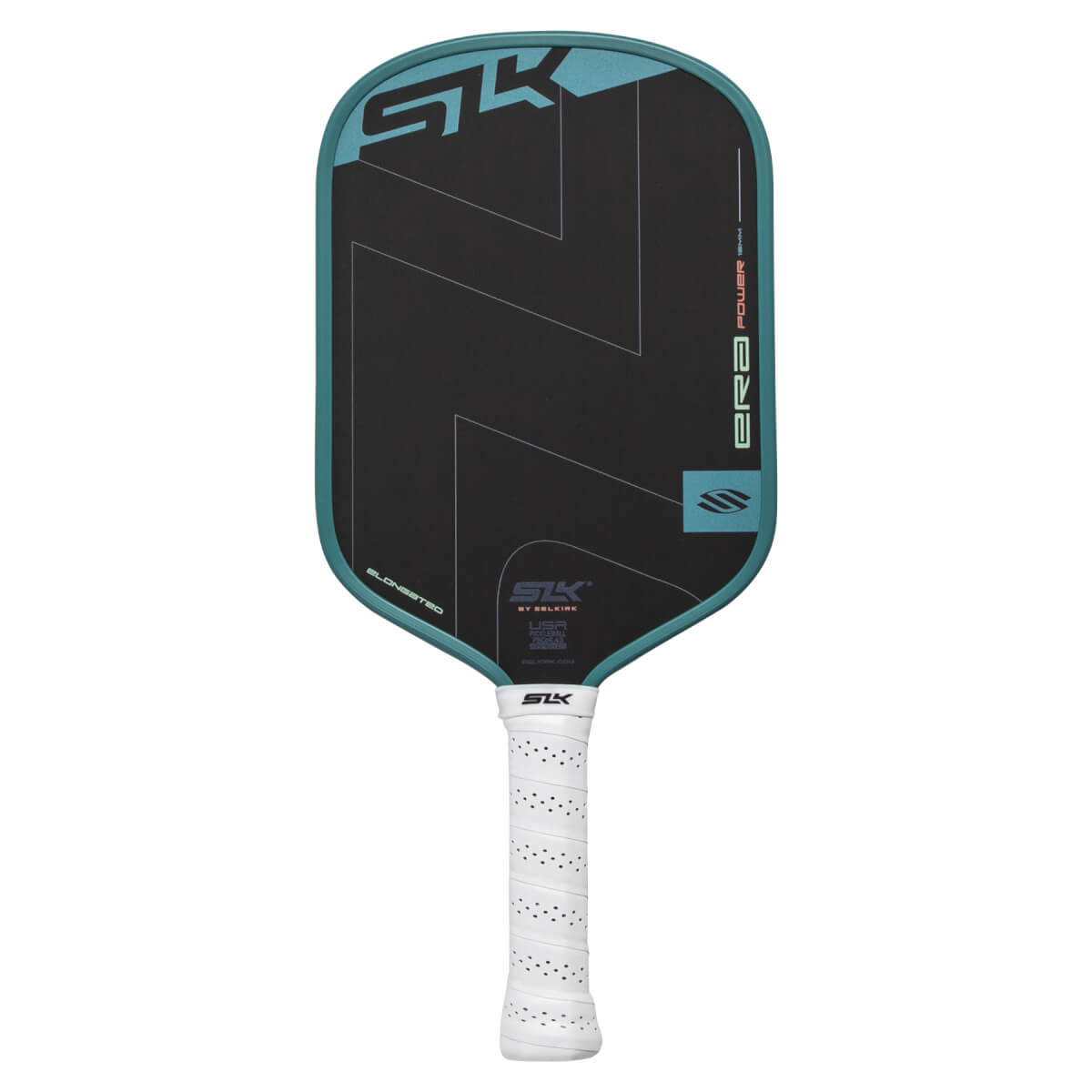 Front view of a black pickleball paddle with teal edge, SLK and ERA POWER logos, and a white perforated grip.