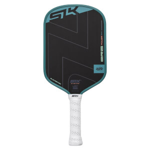 Front view of a black pickleball paddle with teal edge, SLK and ERA POWER logos, and a white perforated grip.