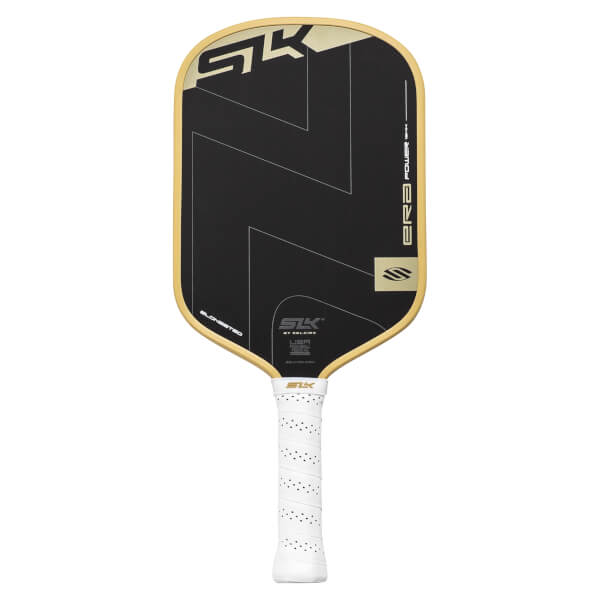 Front view of a black and gold elongated pickleball paddle with SLK and ERA POWER text, and a white perforated grip.