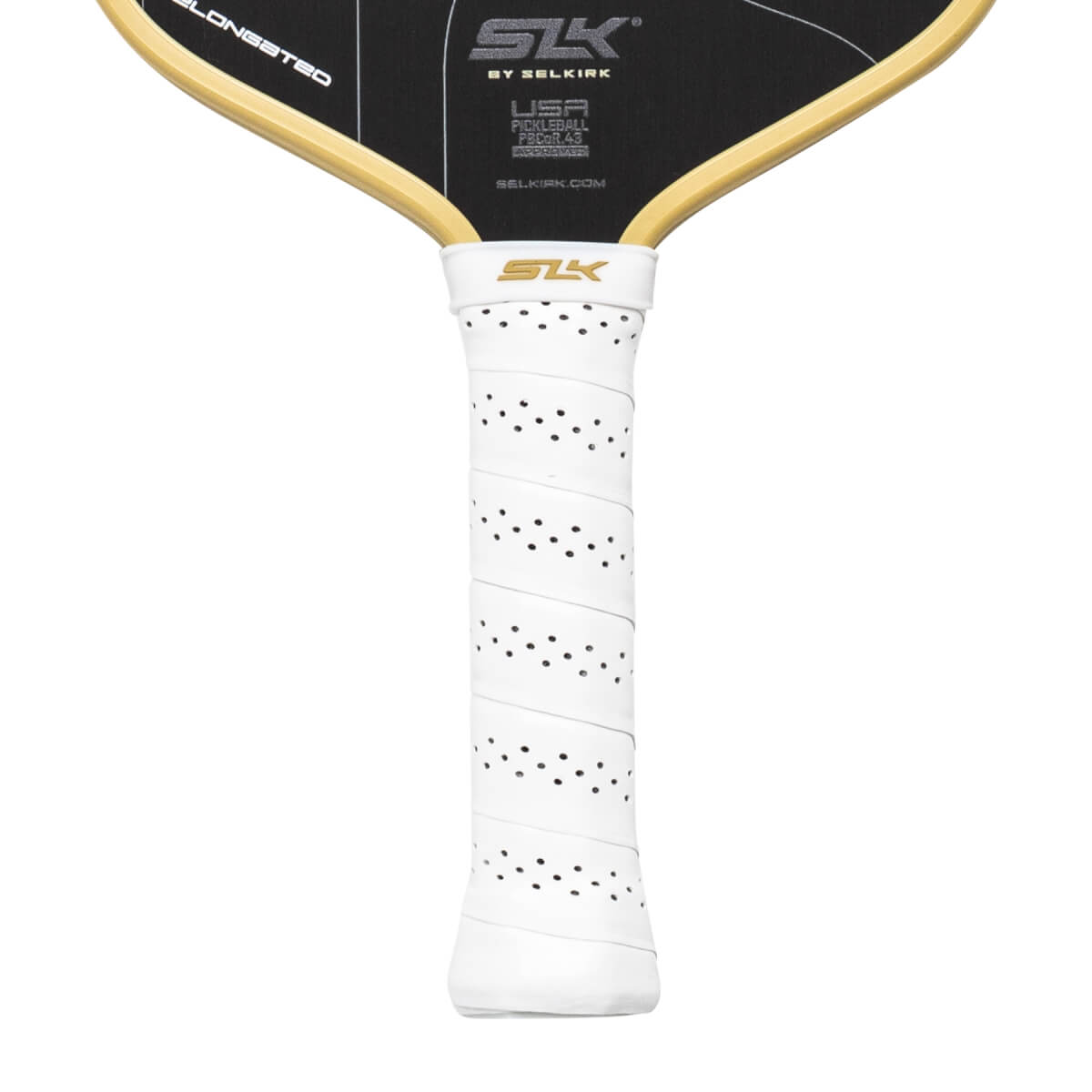Close-up of a white pickleball paddle handle with a perforated grip and black paddle face with gold SLK branding.