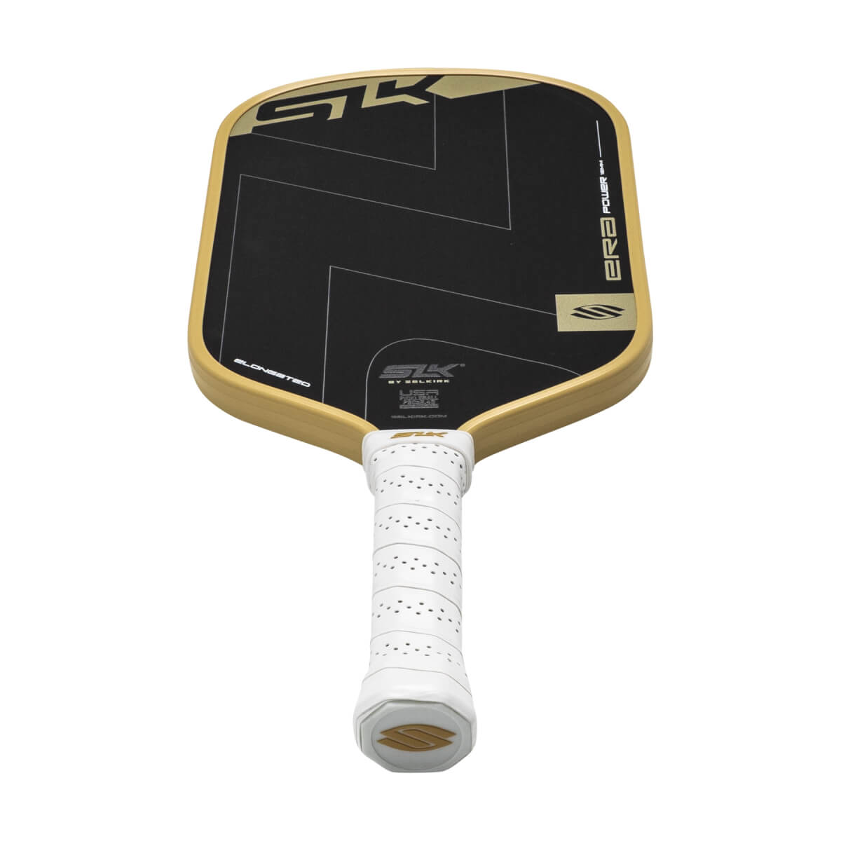 Angled view of a black pickleball paddle with gold SLK logo, gold edge, and a white perforated grip.