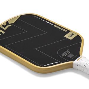 Angled top-down view of a black and gold pickleball paddle with a zigzag pattern, ERA POWER text, and white grip.