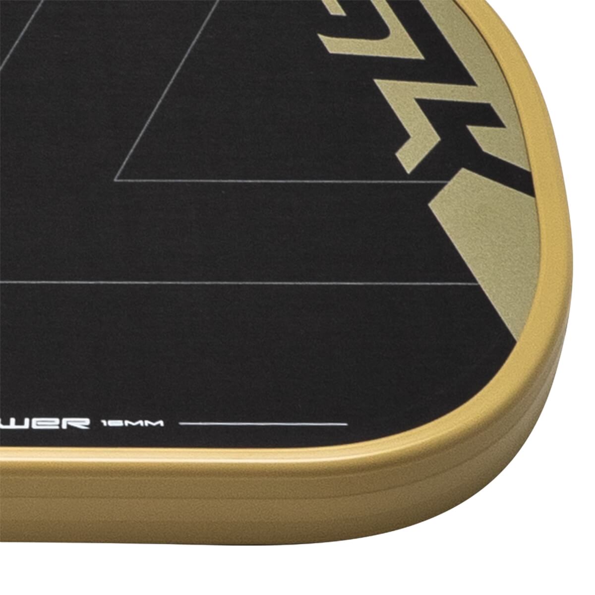 Close-up of a black pickleball paddles bottom right corner with gold SLK branding, white lines, and a gold edge guard.
